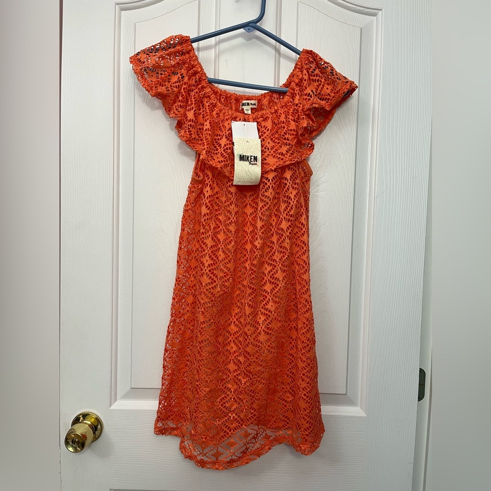 NWT Crochet Ruffle Swim Cover-Up Coral Small Beach Dress Resort Wear Vacation